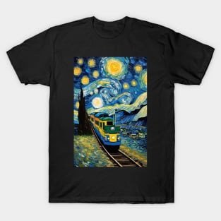 Starry night style train painting T-Shirt